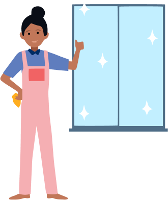a female maid doing thumbs up after cleaning window
