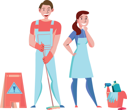 A cleaning couple standing together with cleaning equipment