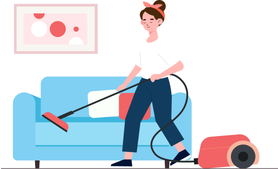 a cleaning lady cleaning soga with vaccum cleaner